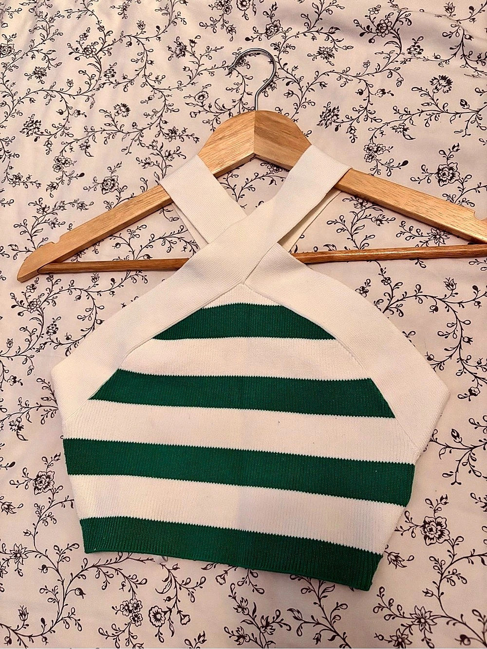 Babaton Striped Halter Crop Top in Green & White XS